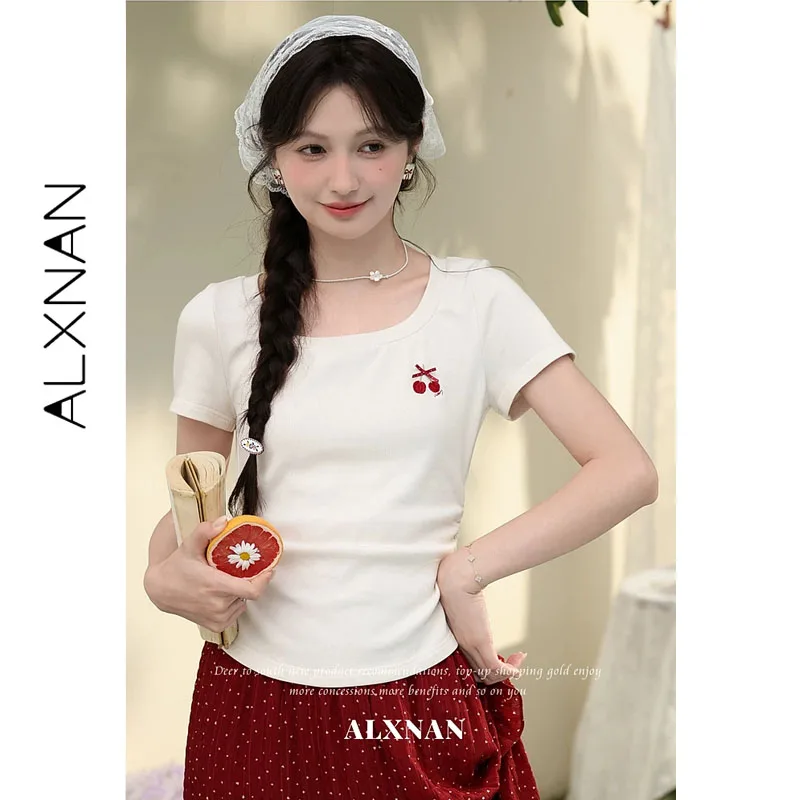 ALXNAN U-neck Short Sleeve T-shirt with Red Cherry Embroidery Side Ruched Detail Tees Women Summer Elegant Female Tops L65808
ALXNAN U-neck Short Sleeve T-shirt with Red Cherry Embroidery Side Ruched Detail Tees Women Summer Elegant Female Tops L65808