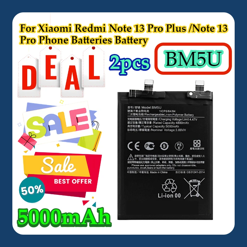 2pcs For Xiaomi Redmi Note 13 Pro Plus /Note 13 Pro Phone Batteries BM5U 5000mAh Battery
2pcs For Xiaomi Redmi Note 13 Pro Plus /Note 13 Pro Phone Batteries BM5U 5000mAh Battery