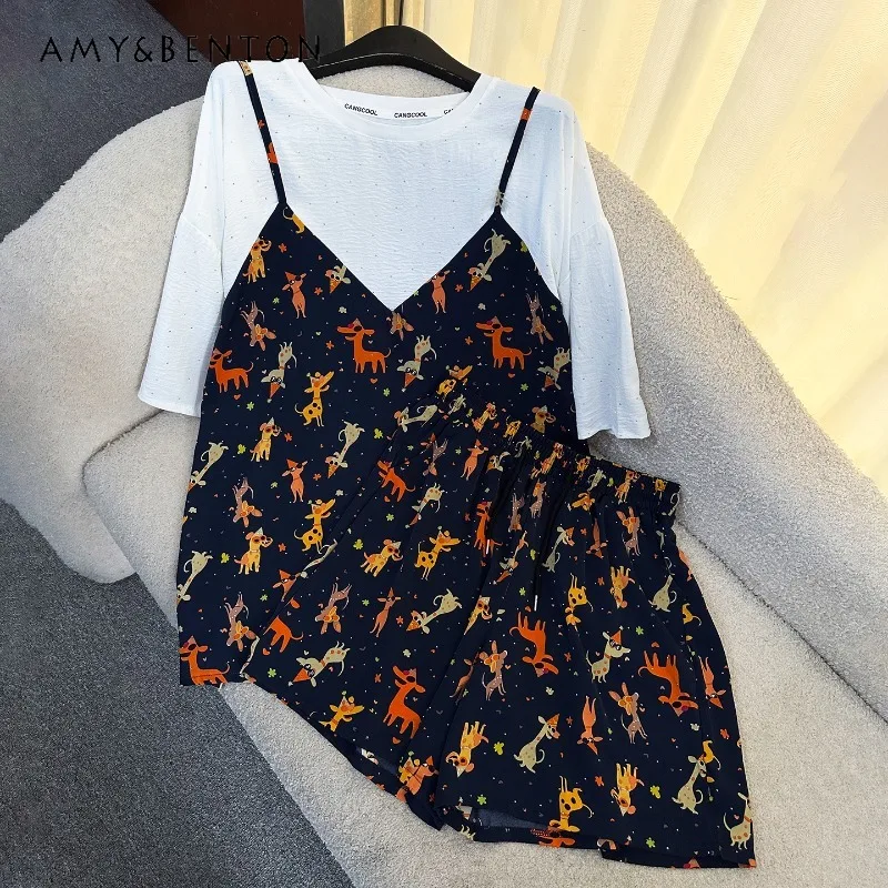 Summer Fake Two-piece Splicing Cartoon Dog Printing Loose Casual Medium And Long Short-sleeved T-shirt Shorts Outfits For Women
Summer Fake Two-piece Splicing Cartoon Dog Printing Loose Casual Medium And Long Short-sleeved T-shirt Shorts Outfits For Women
