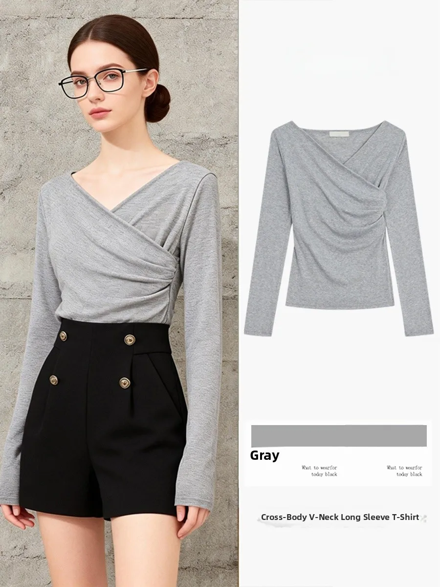 Gray V-Neck Cross Knitted Shirt Women's Fashion Slimming Long Sleeve Commute Style Polyester Fiber Spring New Arrival
Gray V-Neck Cross Knitted Shirt Women's Fashion Slimming Long Sleeve Commute Style Polyester Fiber Spring New Arrival