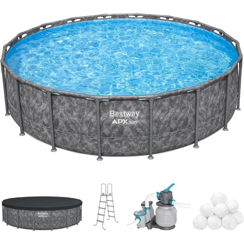 APX 365 Above Ground Pool, Round Metal Frame Outdoor Swimming Pool Set with Sand Filter Pump, Ladder, and Cover
APX 365 Above Ground Pool, Round Metal Frame Outdoor Swimming Pool Set with Sand Filter Pump, Ladder, and Cover