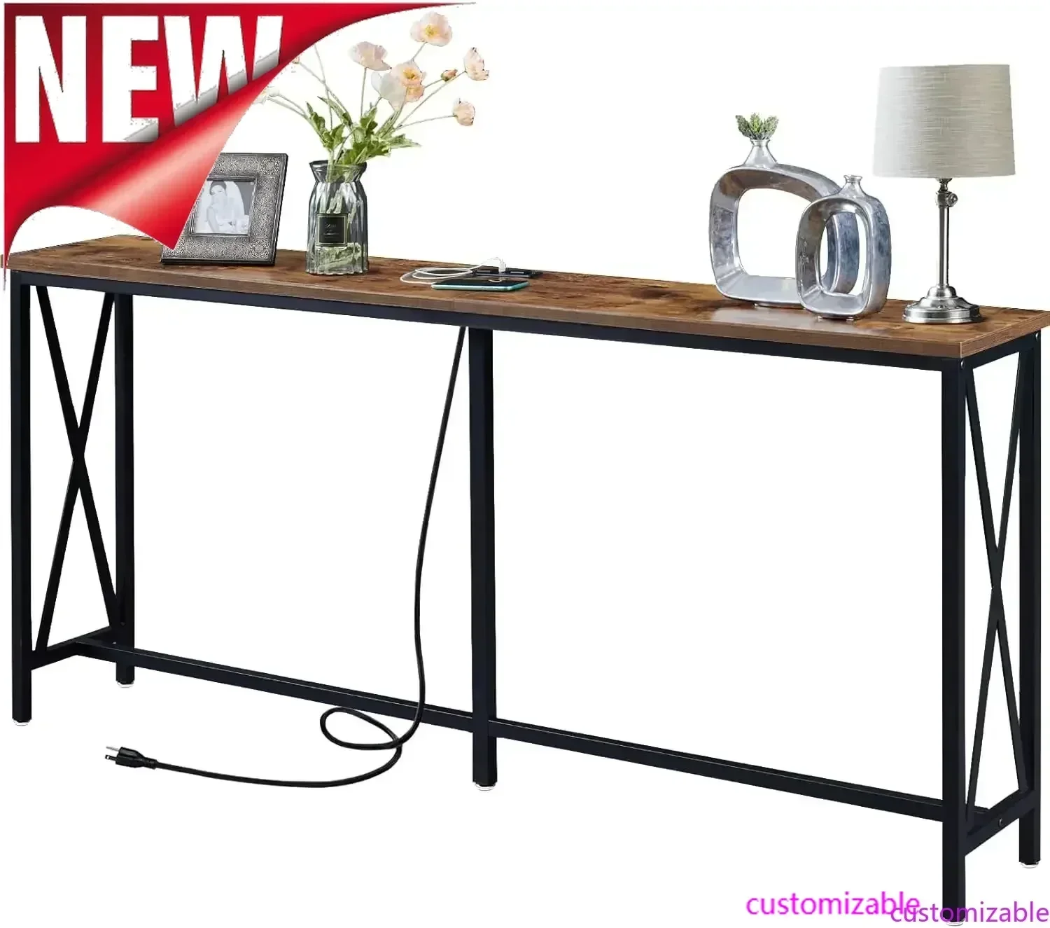 Customizable-70 Inch Console Table With Outlet, Extra Long Entryway Table With Metal Frame And X-Shaped Design, Narrow Sofa Tabl
Customizable-70 Inch Console Table With Outlet, Extra Long Entryway Table With Metal Frame And X-Shaped Design, Narrow Sofa Tabl