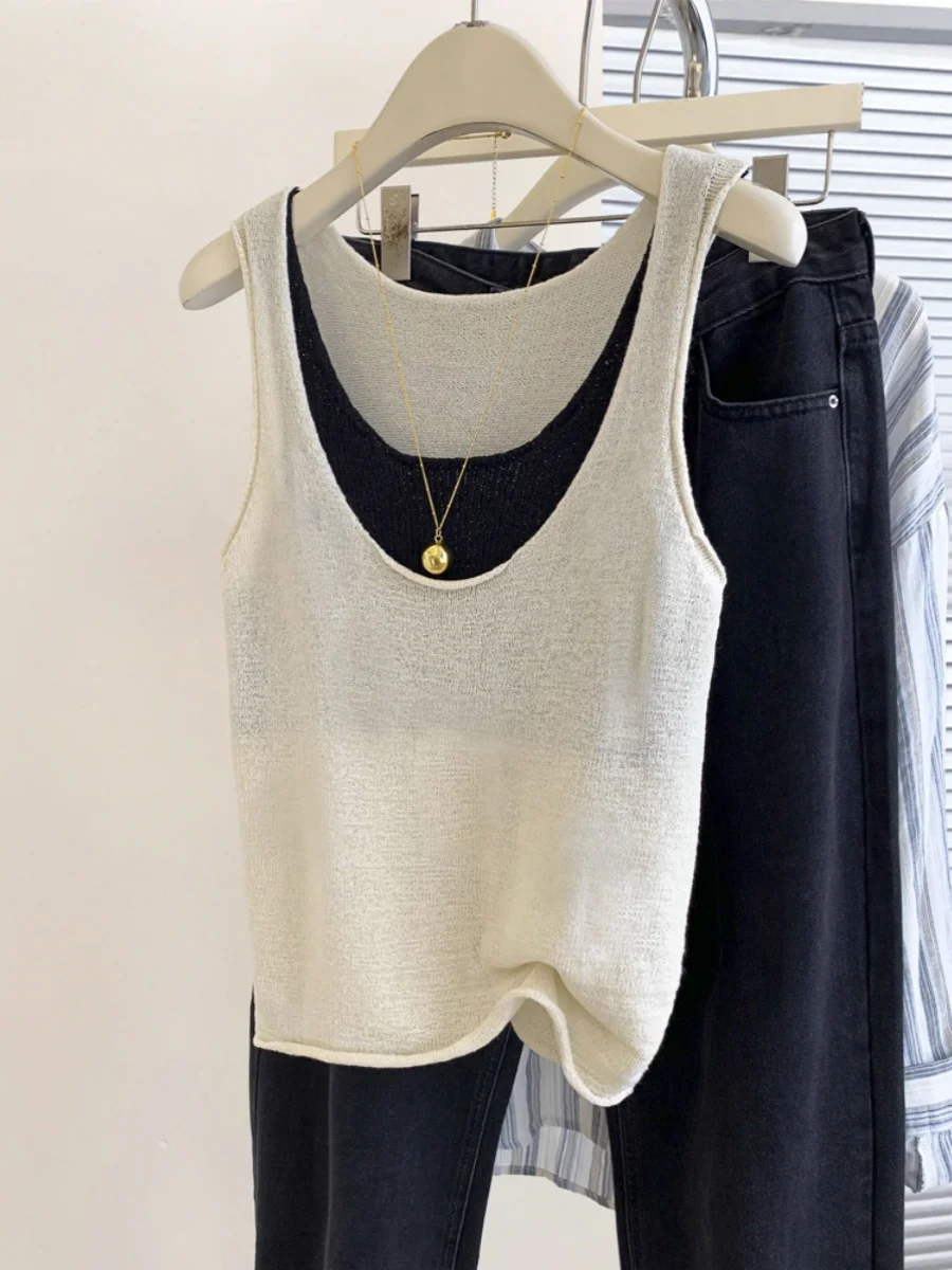 Woman Clothing Fack Two Piece Sleevelss T-shirt Loose Fit Tops Female O-Neck Knitted Tee Shirt Street Wear Causal 2025 New D304
Woman Clothing Fack Two Piece Sleevelss T-shirt Loose Fit Tops Female O-Neck Knitted Tee Shirt Street Wear Causal 2025 New D304
