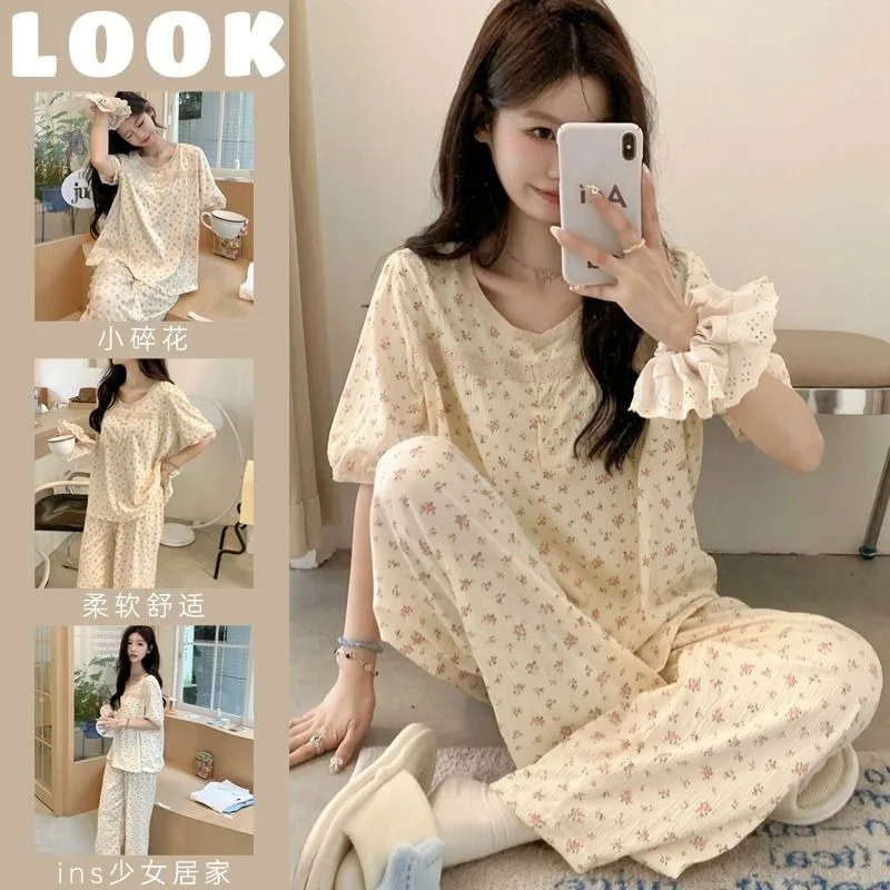 Floral Sleepwear Women Pajama Sets Short Sleeve Piiama Summer Pants Sets for Women 2 Pieces Korean Night Wears Lace Home Suit
Floral Sleepwear Women Pajama Sets Short Sleeve Piiama Summer Pants Sets for Women 2 Pieces Korean Night Wears Lace Home Suit