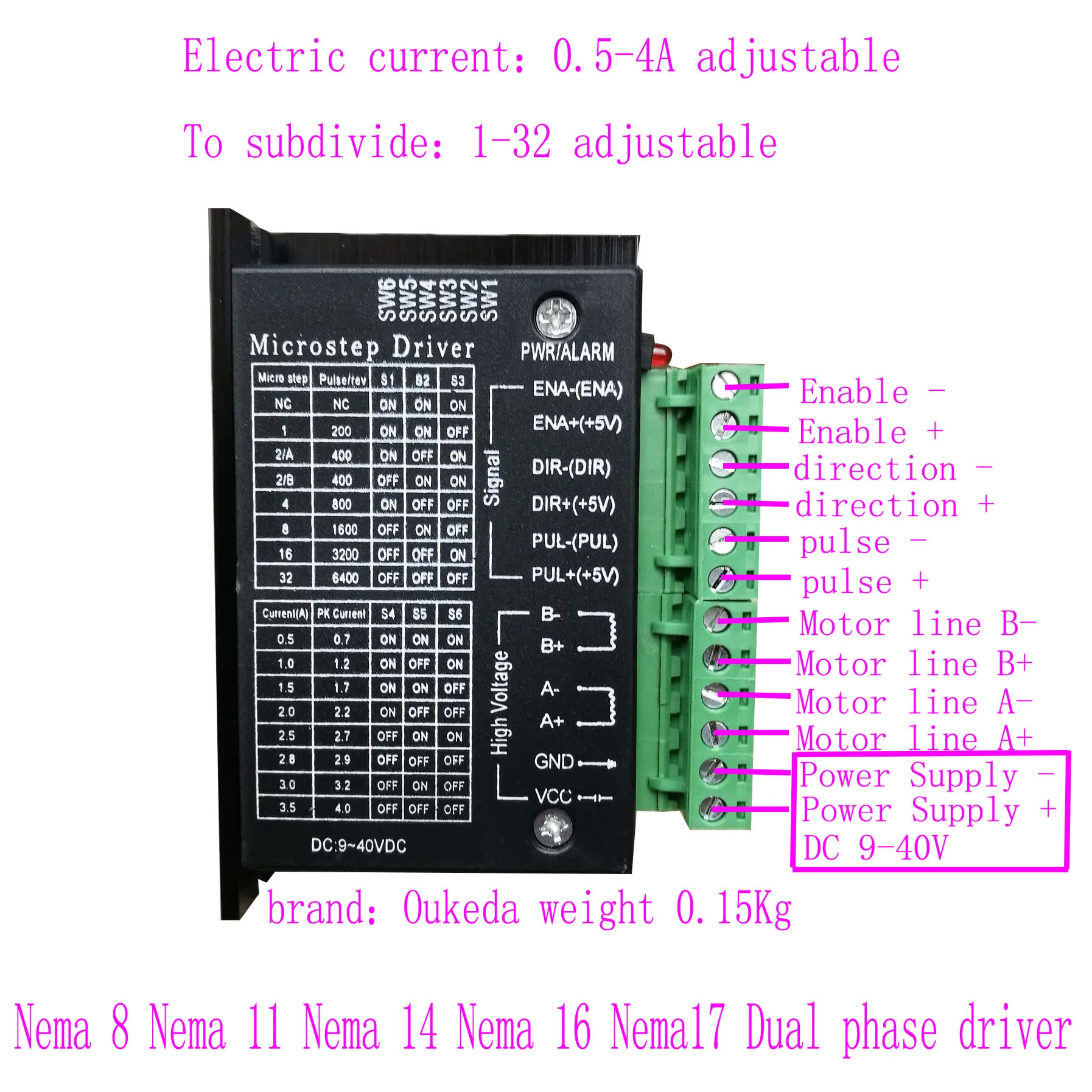 TB6600 28/35/39/42/ Stepper Motor Driver 32 Subdivisions 4A DC:9-40VDC NEMA 8/11/14/16/17 Dual Phase Driver
TB6600 28/35/39/42/ Stepper Motor Driver 32 Subdivisions 4A DC:9-40VDC NEMA 8/11/14/16/17 Dual Phase Driver