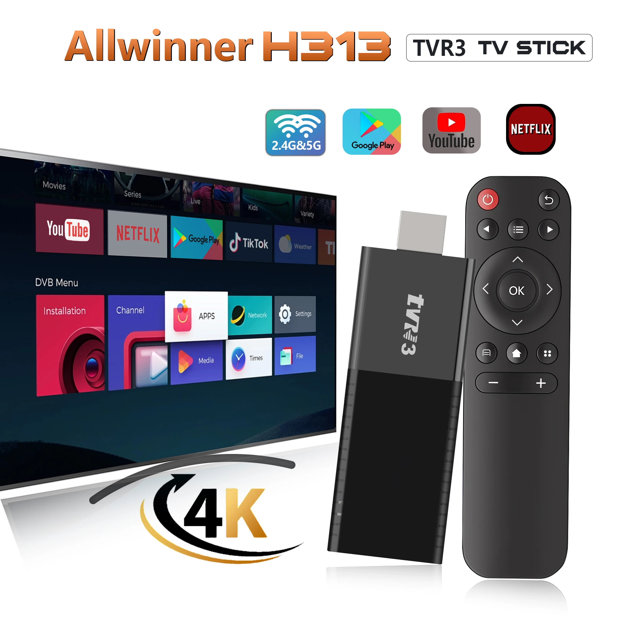 Factory Directly TVR3 Android TV Stick 4K HDR Home Theater Streaming TV Stick Allwinner H313 Global Version 2.4G/5G WIFI 1GB8GB
Factory Directly TVR3 Android TV Stick 4K HDR Home Theater Streaming TV Stick Allwinner H313 Global Version 2.4G/5G WIFI 1GB8GB