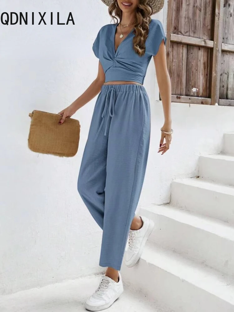 Fashion Loose Ankle-Length Pant Sets Summer Pleated Cotton Elegant Deep V Neck Short Sleeves Tops 2 Piece Sets Womens Outfits
Fashion Loose Ankle-Length Pant Sets Summer Pleated Cotton Elegant Deep V Neck Short Sleeves Tops 2 Piece Sets Womens Outfits