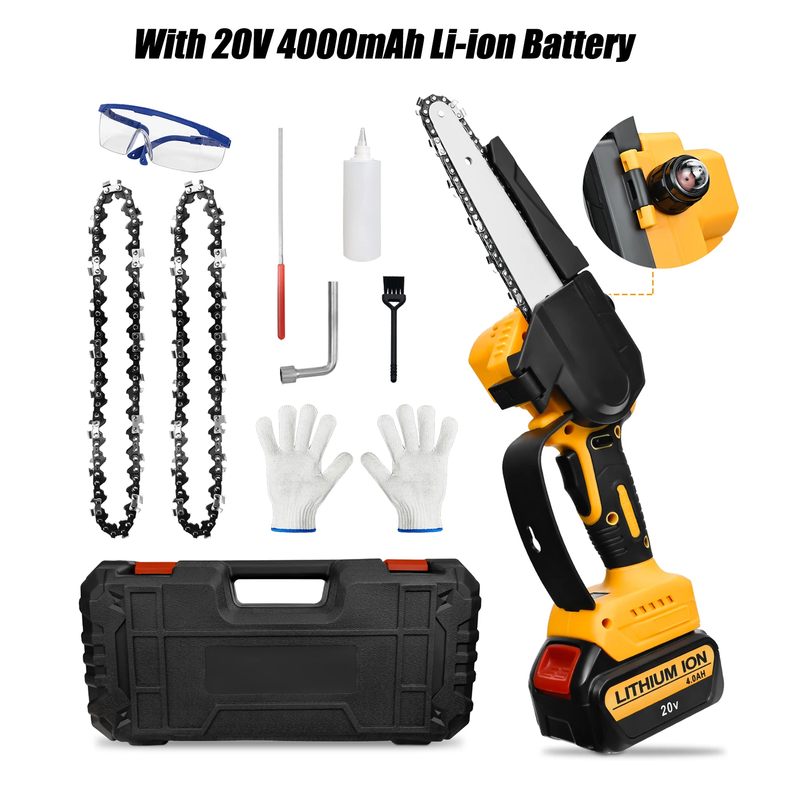 6 Inch 550W Cordless Chainsaw Kit with 20V 4.0AH Li-ion Battery Garden Tool Mini Handheld Electric Pruning Saw for Dewalt
6 Inch 550W Cordless Chainsaw Kit with 20V 4.0AH Li-ion Battery Garden Tool Mini Handheld Electric Pruning Saw for Dewalt