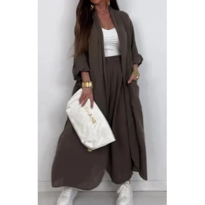 Женский однотонный комплект из 2 предметов в ленивом стиле, кардиган, рубашка с длинными рукавами + широкие брюки, костюмы, элегантная женская одежда больших размеров, халат 
Женский однотонный комплект из 2 предметов в ленивом стиле, кардиган, рубашка с длинными рукавами + широкие брюки, костюмы, элегантная женская одежда больших размеров, халат