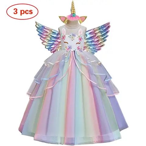 Girl Dress Unicorn Rainbow Wedding Party Dress Baby Girl 3-12 Years Birthday Dress Colorful Dance Performance Cosplay Dress