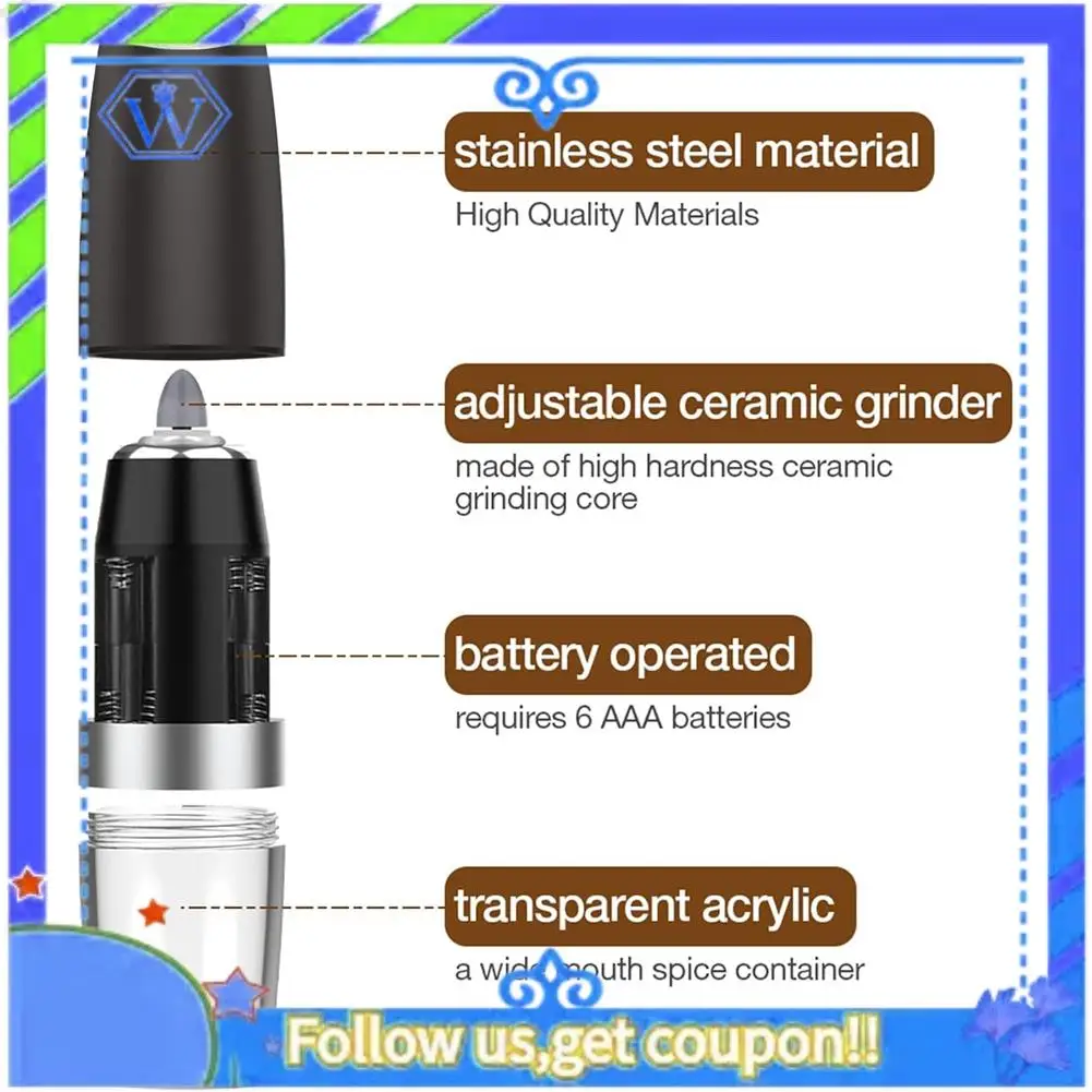 A55P-1 Set Gravity Electric Salt Grinder Adjustable Coarseness Automatic Mill Grinder Battery Powered With LED Light
A55P-1 Set Gravity Electric Salt Grinder Adjustable Coarseness Automatic Mill Grinder Battery Powered With LED Light