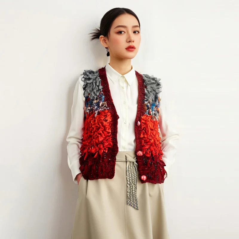 Французский винтажный вязаный жилет с разноцветными кисточками, модный элегантный женский свитер с градиентным переходом цвета.
Французский винтажный вязаный жилет с разноцветными кисточками, модный элегантный женский свитер с градиентным переходом цвета.