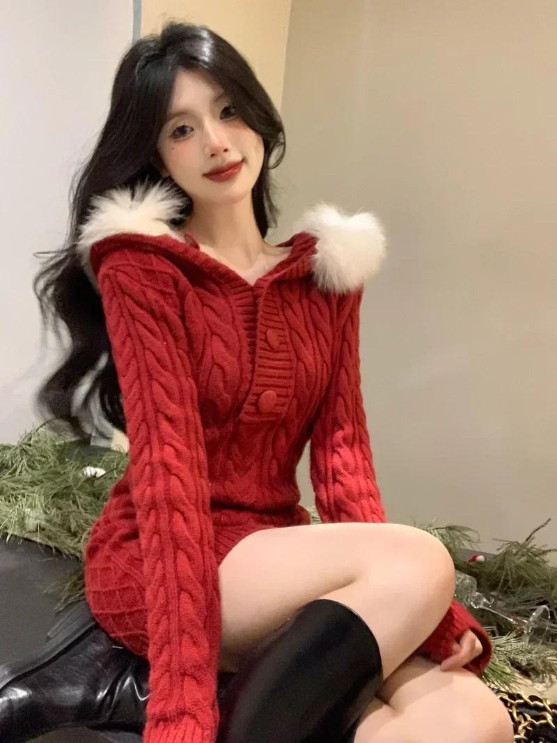 Sweet Hot Girl Hooded Knitted Dress Women's Autumn and Winter Christmas Fur Collar Sweater Short Dress Fashion Female Clothes
Sweet Hot Girl Hooded Knitted Dress Women's Autumn and Winter Christmas Fur Collar Sweater Short Dress Fashion Female Clothes