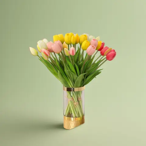 5pcs Artificial Flowers Soft Tulip Fake Flower Real Touch Home Garden Table Wedding Decoration Simulation 5-Head Tulips Bouquet