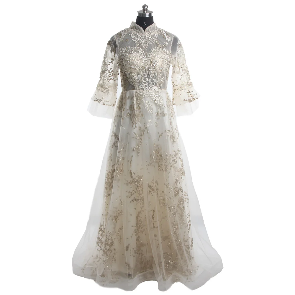 Evening Dresses Golden High Collar Half Sleeves Appliques illusion Pleat A-line Floor Length Plus Size Party Dress Women A106
Evening Dresses Golden High Collar Half Sleeves Appliques illusion Pleat A-line Floor Length Plus Size Party Dress Women A106