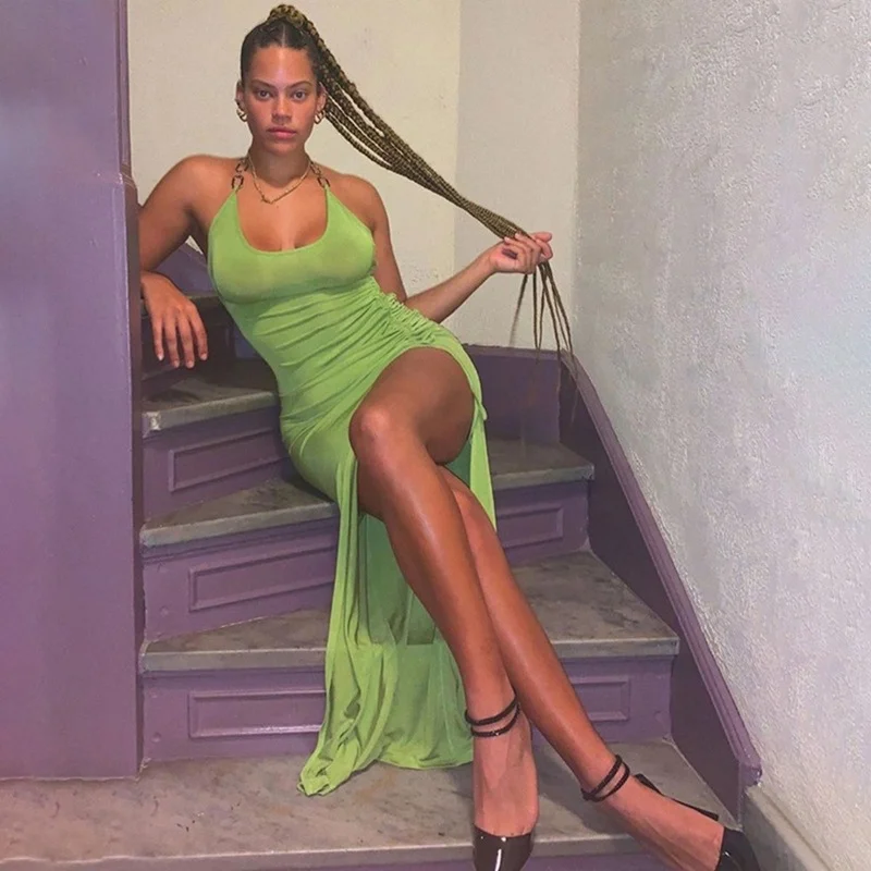Sexy Drawstring Dress Sleeveless Draped Tight Halter Neck Halter Folds Split Long Club Dress Solid Color Thigh Open Shoulder
Sexy Drawstring Dress Sleeveless Draped Tight Halter Neck Halter Folds Split Long Club Dress Solid Color Thigh Open Shoulder