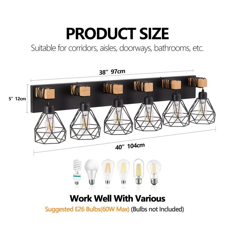 Vintage 6-Light Bathroom Vanity Light, Black Iron & Wood Cage Wall Lamp, Rustic Farmhouse Sconce for Mirror & Hallway
Vintage 6-Light Bathroom Vanity Light, Black Iron & Wood Cage Wall Lamp, Rustic Farmhouse Sconce for Mirror & Hallway