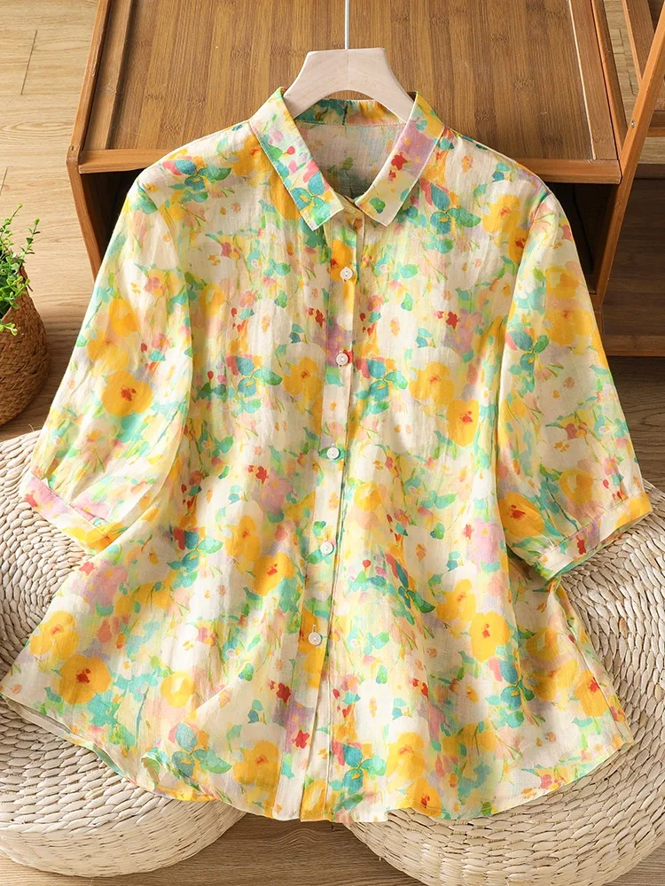 Retro Style Short Sleeve Cotton Linen Shirt Women Summer Loose Printed Slimming Top Oil Painting Graffiti Print Korean Loose Fit
Retro Style Short Sleeve Cotton Linen Shirt Women Summer Loose Printed Slimming Top Oil Painting Graffiti Print Korean Loose Fit