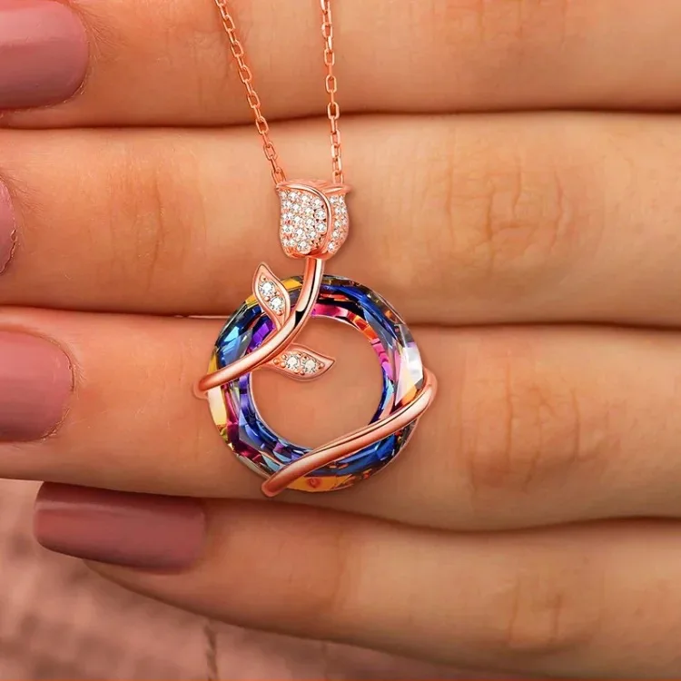 Colorful Austrian Crystal Rose Ring Pendant Necklace with Magic Collarbone Chain
Colorful Austrian Crystal Rose Ring Pendant Necklace with Magic Collarbone Chain
