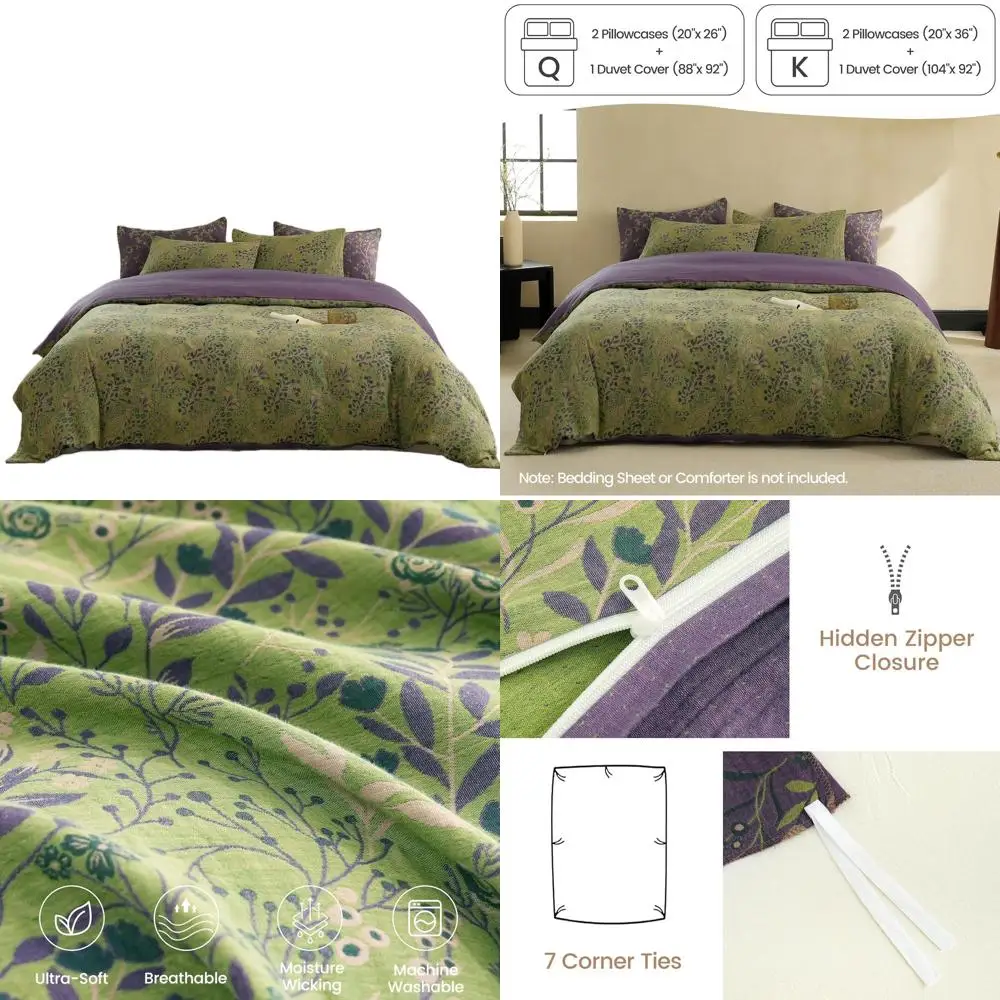 Queen Size Cotton Muslin Duvet Cover Set, 3-Piece Floral Jacquard Design, Reversible, Breathable, Zippered Closure, Green & Purp
Queen Size Cotton Muslin Duvet Cover Set, 3-Piece Floral Jacquard Design, Reversible, Breathable, Zippered Closure, Green & Purp