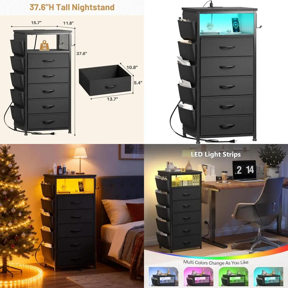 Contemporary Nightstand with 5 Drawers, LED-lit, USB Ports, Outlets, and Storage Solutions for Bedrooms and Dorms
Contemporary Nightstand with 5 Drawers, LED-lit, USB Ports, Outlets, and Storage Solutions for Bedrooms and Dorms