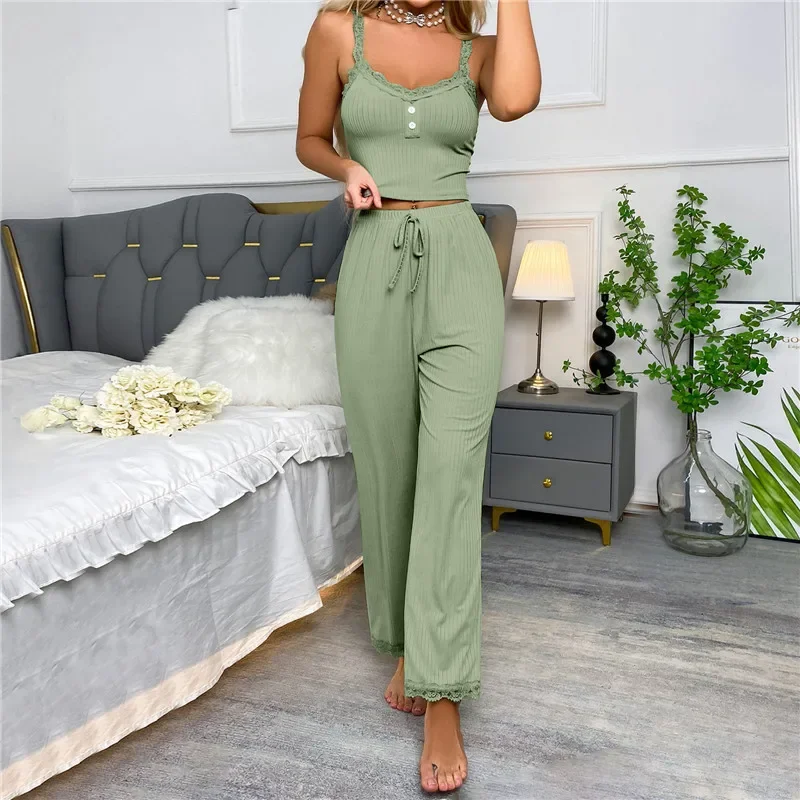 Spring Autumn Two Piece Pajamas Set for Women Sleepwear Lace Suspenders Tops and Long Trousers Sets Pijamas Loungewear
Spring Autumn Two Piece Pajamas Set for Women Sleepwear Lace Suspenders Tops and Long Trousers Sets Pijamas Loungewear