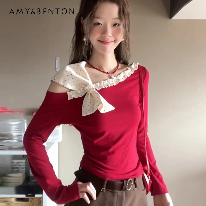 French Asymmetrical Long Sleeve Women's Bottoming Shirt 2026 Spring New Polka Dot Bow Splicing Slimming Hot Girl T-Shirt Ladies
French Asymmetrical Long Sleeve Women's Bottoming Shirt 2026 Spring New Polka Dot Bow Splicing Slimming Hot Girl T-Shirt Ladies