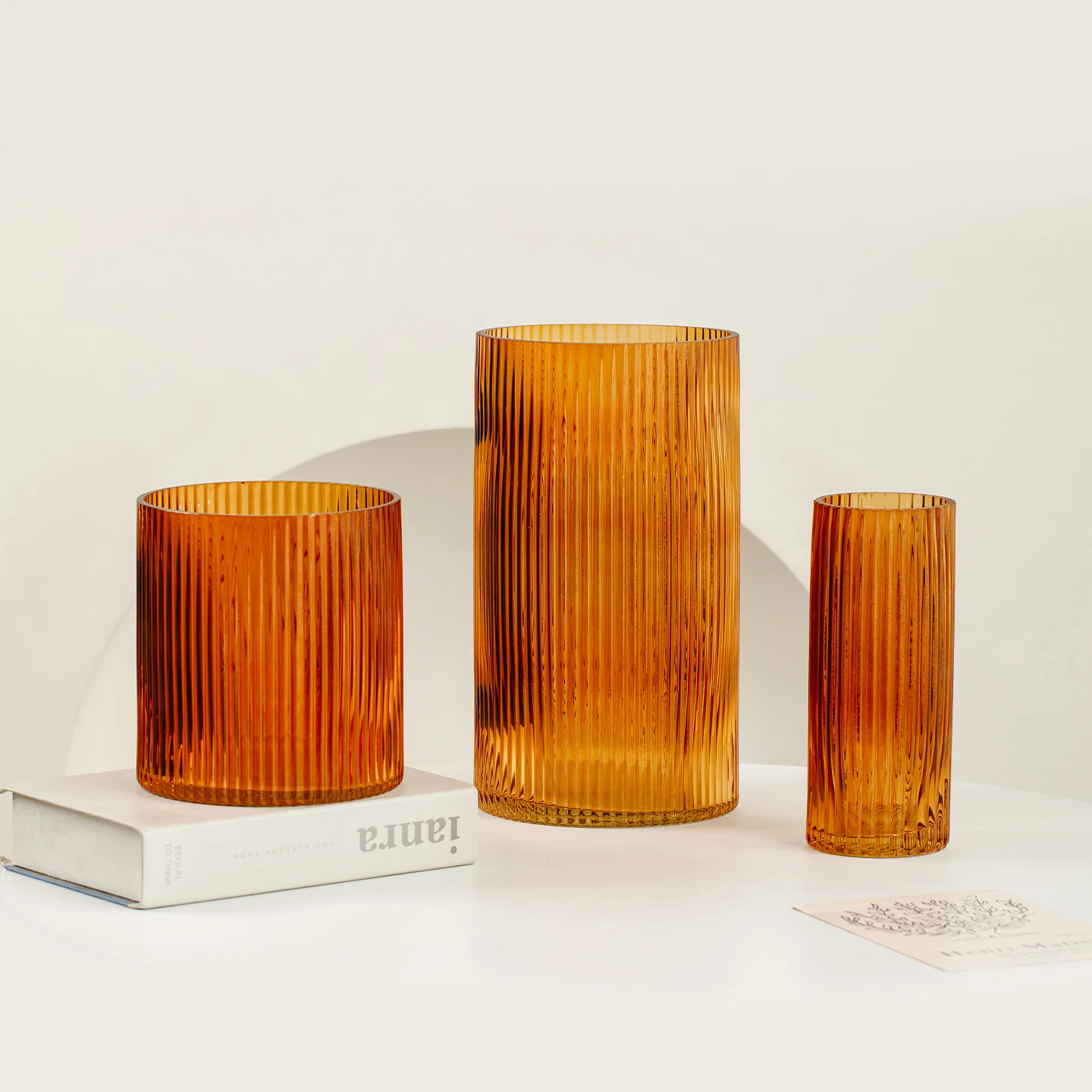 Glass vase with simple vertical stripes and amber color. Creative home decoration flower vase.
Glass vase with simple vertical stripes and amber color. Creative home decoration flower vase.