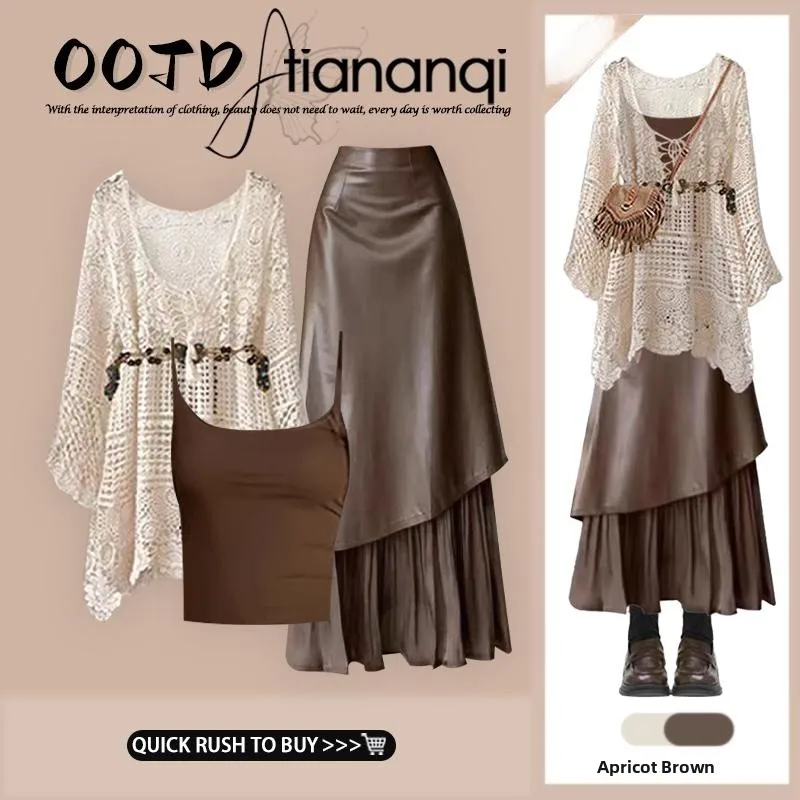 2026 New Hollow out Knitted Top American Style Wrap Dress Three Piece Set Women's Fashion Ensemble Hollow Design Sensation
2026 New Hollow out Knitted Top American Style Wrap Dress Three Piece Set Women's Fashion Ensemble Hollow Design Sensation