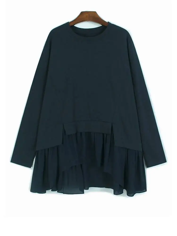 Женская синяя повседневная футболка большого размера с оборками и разрезом по подолу, новая модная футболка с круглым вырезом и длинными рукавами, весна-осень
Женская синяя повседневная футболка большого размера с оборками и разрезом по подолу, новая модная футболка с круглым вырезом и длинными рукавами, весна-осень