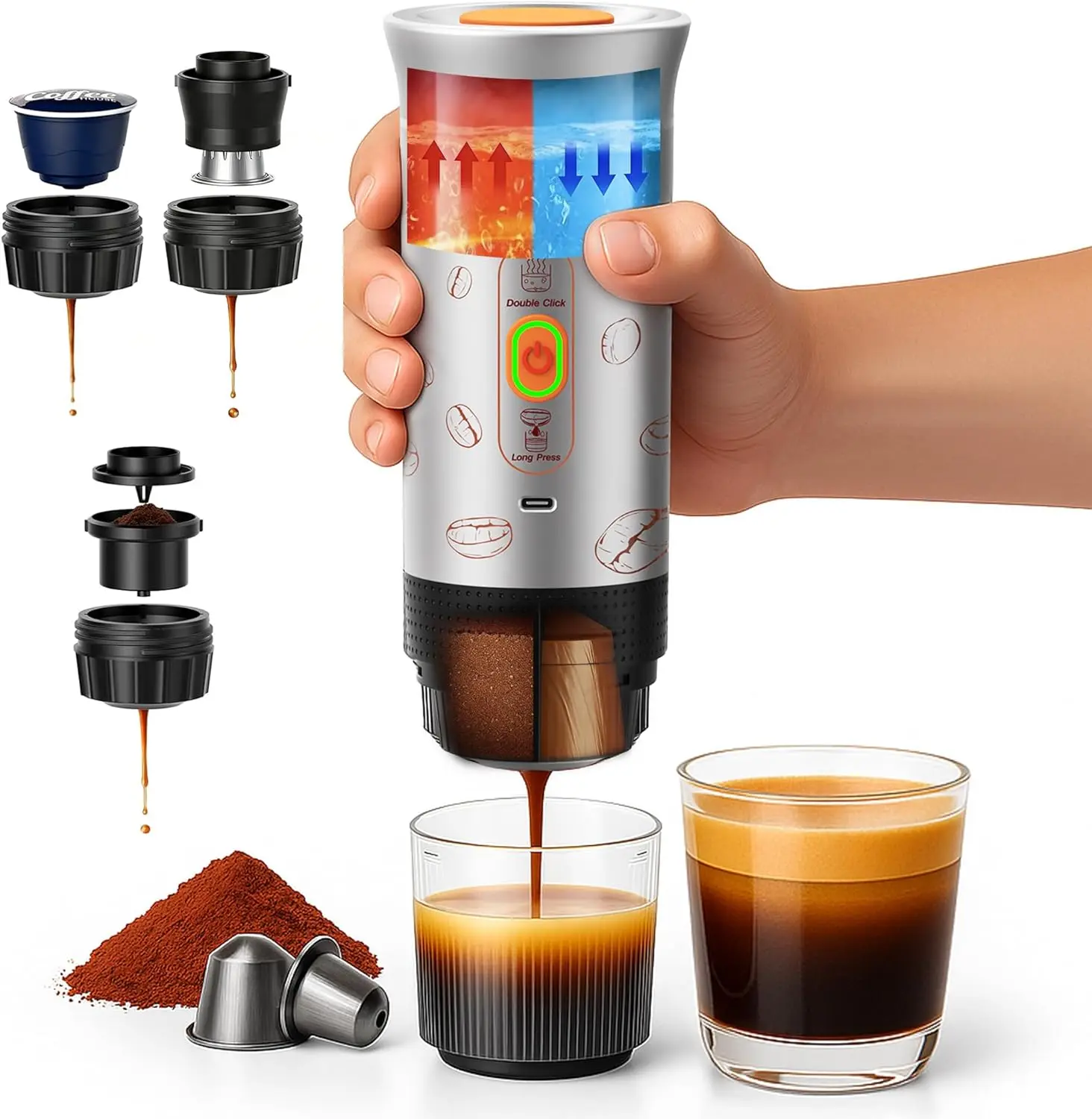 Portable Espresso Machine, 3-in-1 Travel Coffee Maker with Self-Heating, Battery Operated 20Bar Wireless Portable Espresso
Portable Espresso Machine, 3-in-1 Travel Coffee Maker with Self-Heating, Battery Operated 20Bar Wireless Portable Espresso
