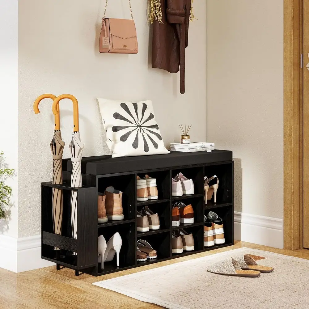 Black 10-Cubby Shoe Storage Bench with Umbrella Stand and Padded Seat for Entryway, Hallway, Living Room, and Bedroom
Black 10-Cubby Shoe Storage Bench with Umbrella Stand and Padded Seat for Entryway, Hallway, Living Room, and Bedroom