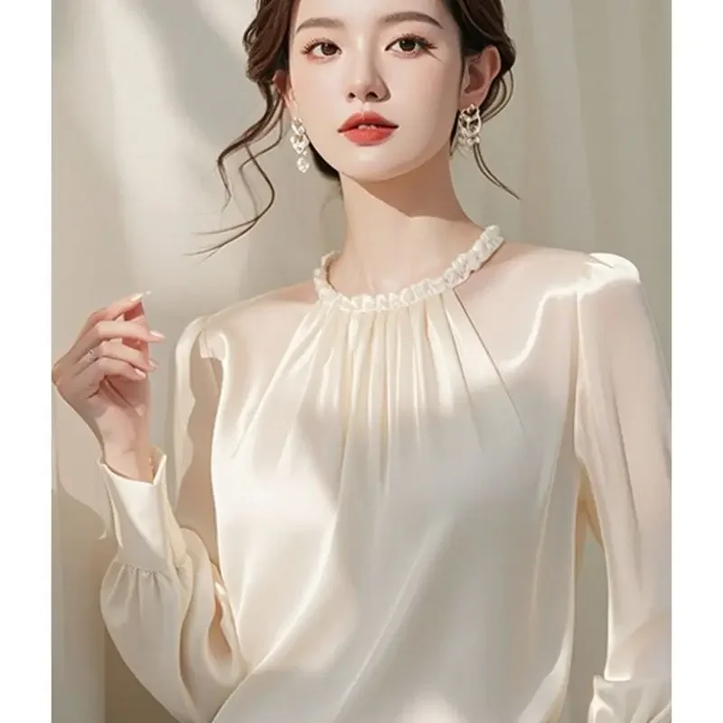 Spring New Top Tee Temperament Simplicity Satin Long Sleeve Blouse Female Elegant Pleated Solid Color Long Sleeve Shirts XQ196
Spring New Top Tee Temperament Simplicity Satin Long Sleeve Blouse Female Elegant Pleated Solid Color Long Sleeve Shirts XQ196