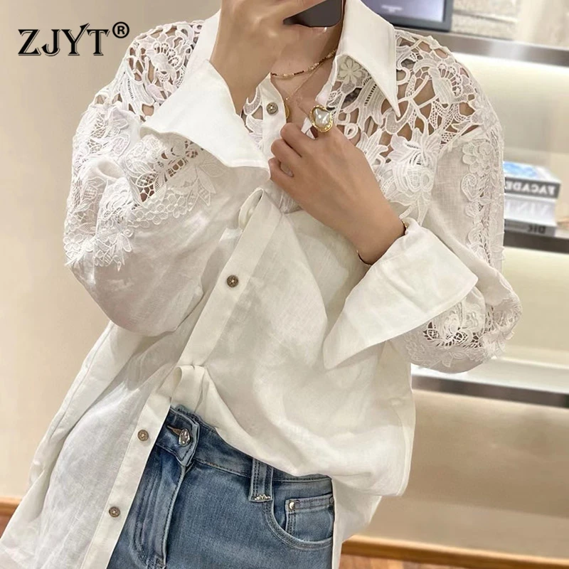 ZJYT Hollow Out Embroidery Patchwork Linen Blouses White Women Spring Long Sleeve Casual Loose Shirts Female Tops Blusas Lady
ZJYT Hollow Out Embroidery Patchwork Linen Blouses White Women Spring Long Sleeve Casual Loose Shirts Female Tops Blusas Lady