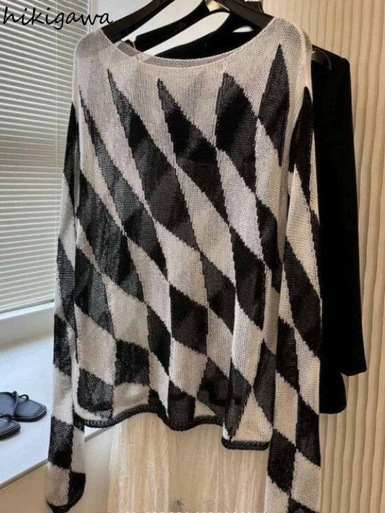 Women Clothing See Through Pullovers Slash Neck Long Sleeve Plaid Jupmer Sueter Mujer Casual Fashion Knitted Thin Sweater Tops
Women Clothing See Through Pullovers Slash Neck Long Sleeve Plaid Jupmer Sueter Mujer Casual Fashion Knitted Thin Sweater Tops
