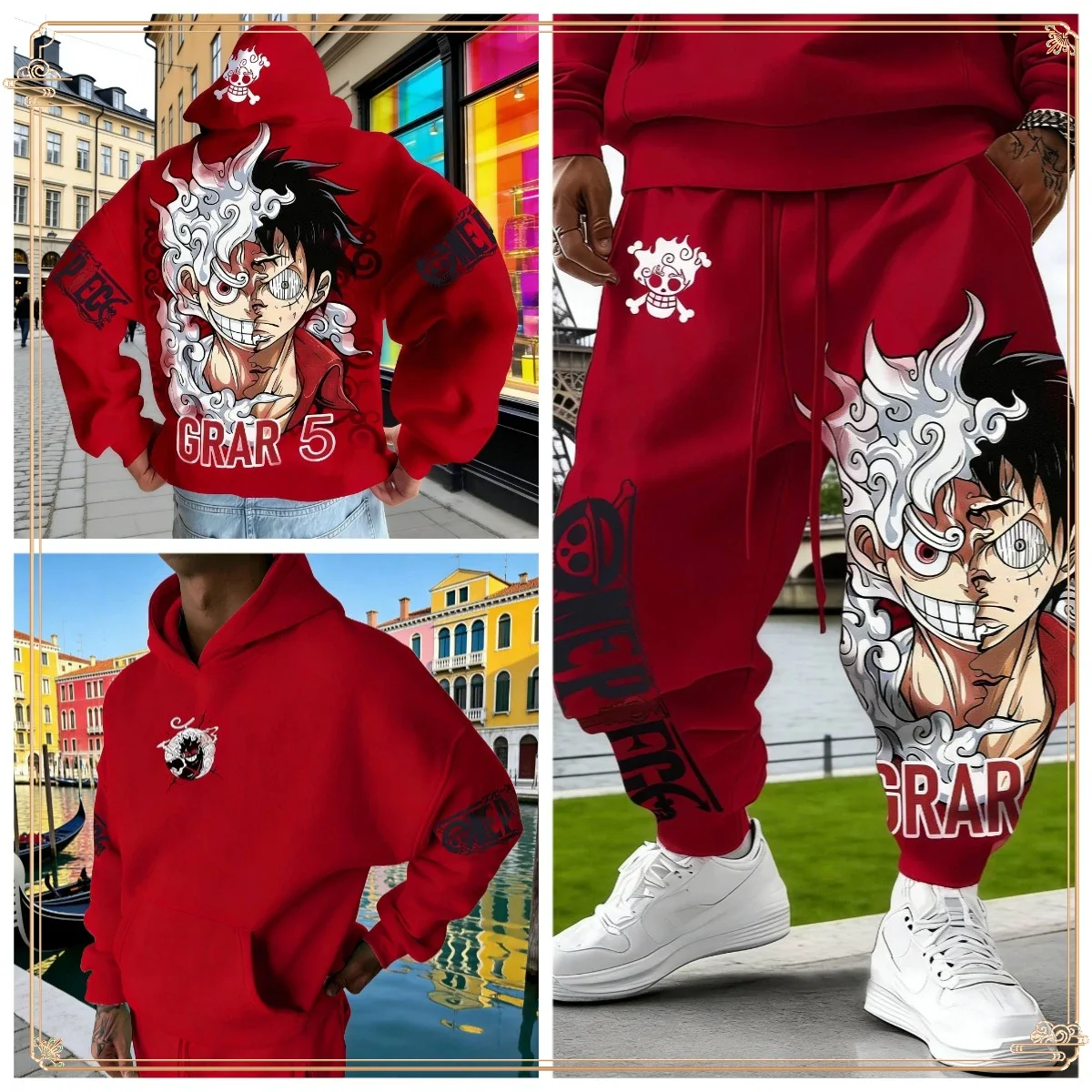 One Piece Luffy Gear 5 Hoodie Pants Set Red Cotton Tracksuit with Character Print on Hoodie Front Pant Side Loose Fit Two Piece
One Piece Luffy Gear 5 Hoodie Pants Set Red Cotton Tracksuit with Character Print on Hoodie Front Pant Side Loose Fit Two Piece