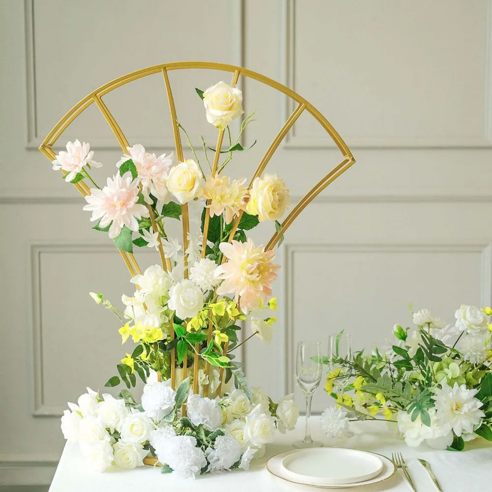 32" Tall Golden Metal Wire Scalloped Fan Shape Flower Frame Stand, Floral Display Wedding Centerpiece, Valentine's Day Decorations, Wedding Season, Spring, Summer
32" Tall Golden Metal Wire Scalloped Fan Shape Flower Frame Stand, Floral Display Wedding Centerpiece, Valentine's Day Decorations, Wedding Season, Spring, Summer