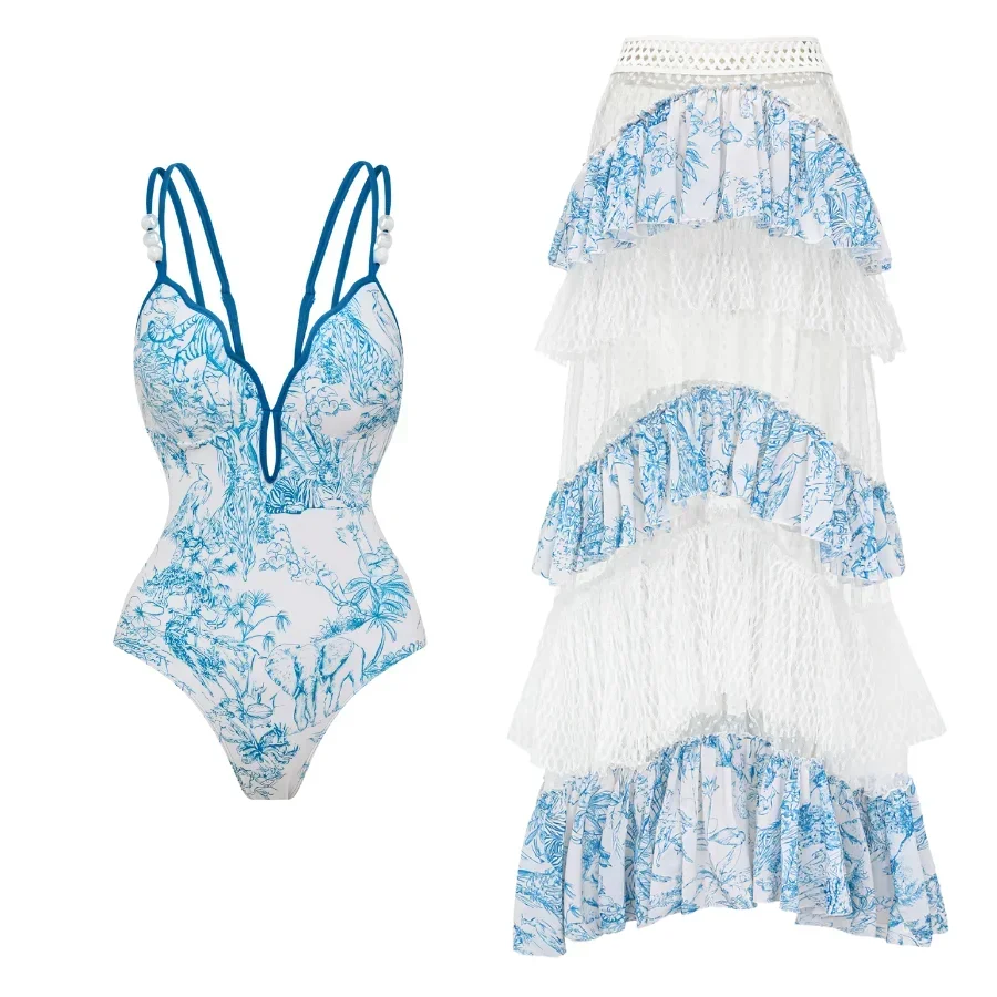 2025 Women Ruy Print Net Yarn Splicing One Piece Swimsuit and Tiered Skirt Beachwear bikini Two piece Bathing Suit
2025 Women Ruy Print Net Yarn Splicing One Piece Swimsuit and Tiered Skirt Beachwear bikini Two piece Bathing Suit
