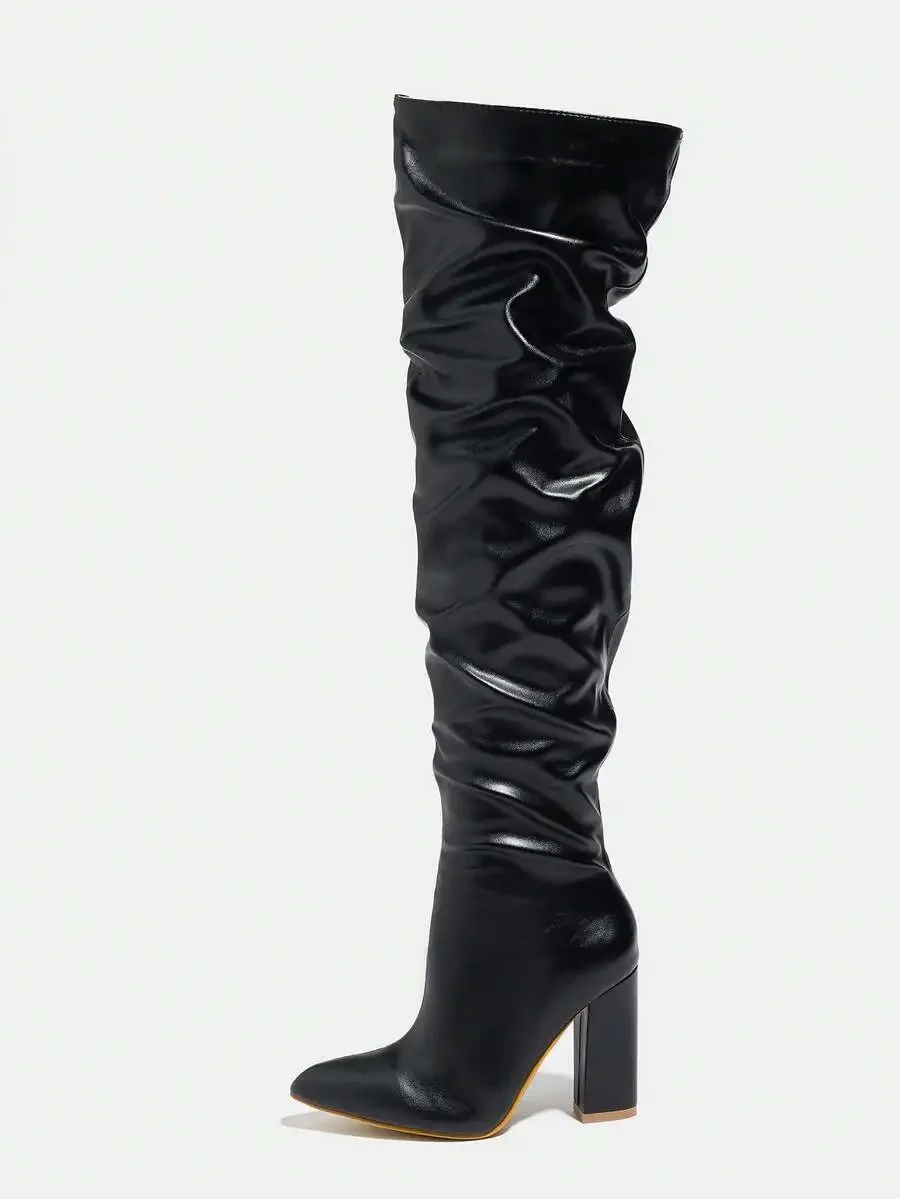 Black Pleated Over-The-Knee Boots With Square Heel Pointed Toe
Black Pleated Over-The-Knee Boots With Square Heel Pointed Toe