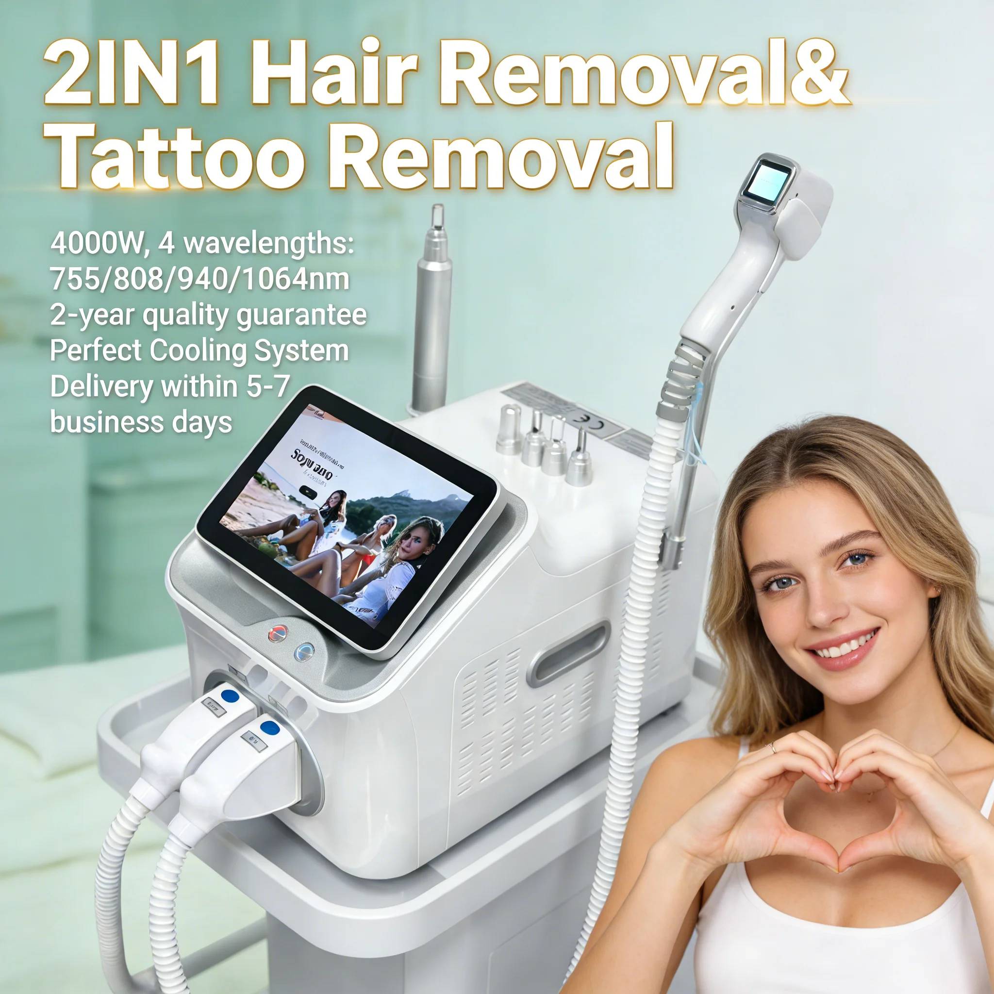 Лазерный аппарат 2-в-1 с сертификатом CE: безболезненное удаление волос, татуировок и пигментации кожи (диодный лазер 4-х длин волн и Q-switched Pico/Nd:YAG)
Лазерный аппарат 2-в-1 с сертификатом CE: безболезненное удаление волос, татуировок и пигментации кожи (диодный лазер 4-х длин волн и Q-switched Pico/Nd:YAG)