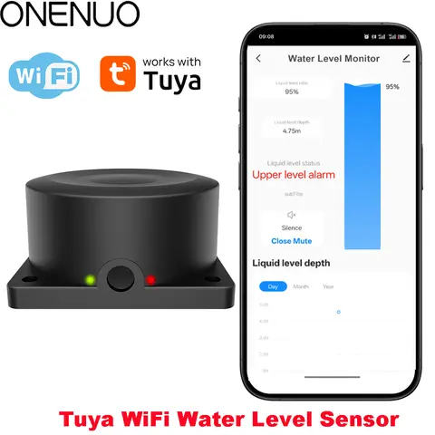 WiFi Water Level Sensor, Ultrasonic Tank Monitor with APP Alert, Remote Water Detector, Tuya Smart Compatible, EU Adapter