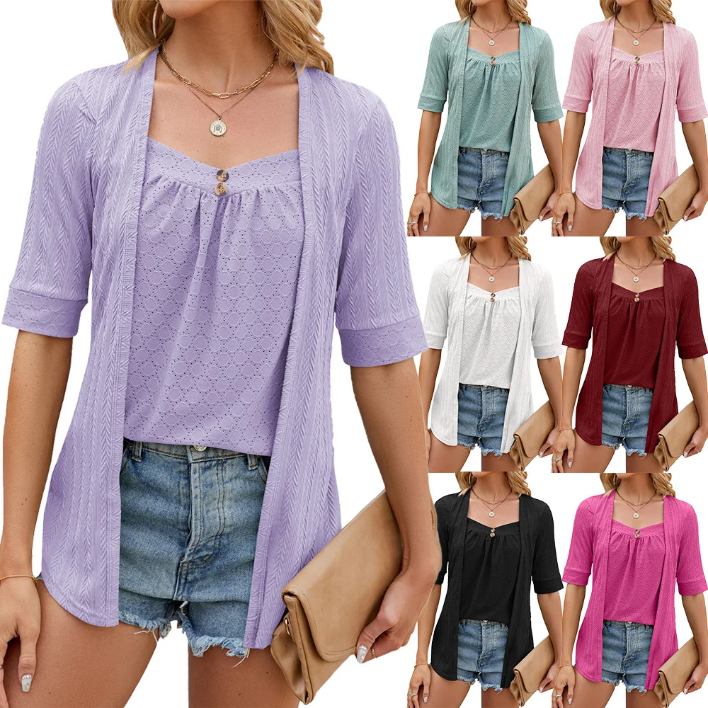 Spring/Summer Leisure Solid Color Square Neck Panel Button Middle Sleeve T-shirt for Women
Spring/Summer Leisure Solid Color Square Neck Panel Button Middle Sleeve T-shirt for Women
