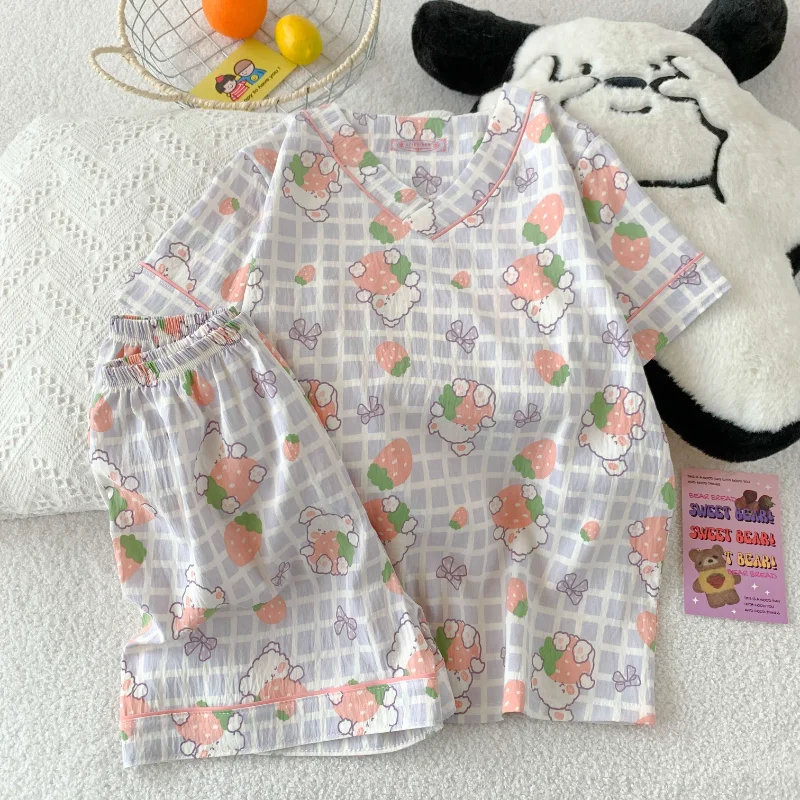 Женские пижамы из 2 предметов в корейском стиле, повседневная домашняя одежда, пижамный комплект для женщин, милая клетчатая одежда с клубничным принтом, короткая одежда для сна
Женские пижамы из 2 предметов в корейском стиле, повседневная домашняя одежда, пижамный комплект для женщин, милая клетчатая одежда с клубничным принтом, короткая одежда для сна