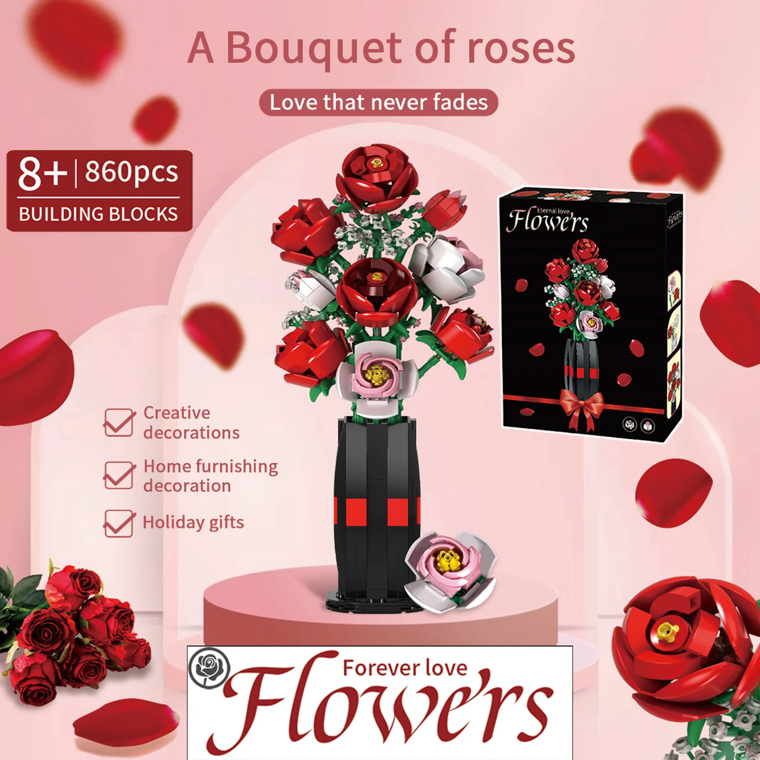860+pcs Rose Bouquet Building Set with Vase, Fun Home Decor Romance Gift Flower Botanical Collection Toy for Kids Adults Ages 8+
860+pcs Rose Bouquet Building Set with Vase, Fun Home Decor Romance Gift Flower Botanical Collection Toy for Kids Adults Ages 8+