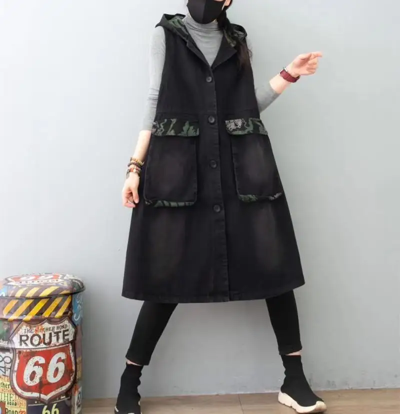 Свободный женский джинсовый жилет с капюшоном, средней длины, оверсайз, из смесового хлопка, для повседневной носки, модный женский жилет-топ
Свободный женский джинсовый жилет с капюшоном, средней длины, оверсайз, из смесового хлопка, для повседневной носки, модный женский жилет-топ