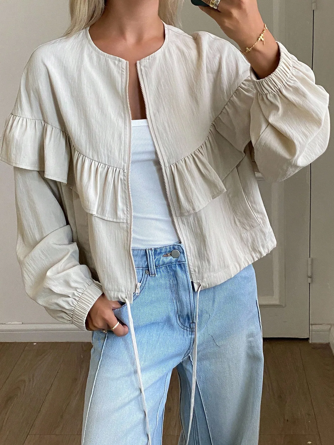 Women's Ruffle Trim Zip-Up Jacket with Puff Sleeves, Casual Fall Outerwear
Women's Ruffle Trim Zip-Up Jacket with Puff Sleeves, Casual Fall Outerwear