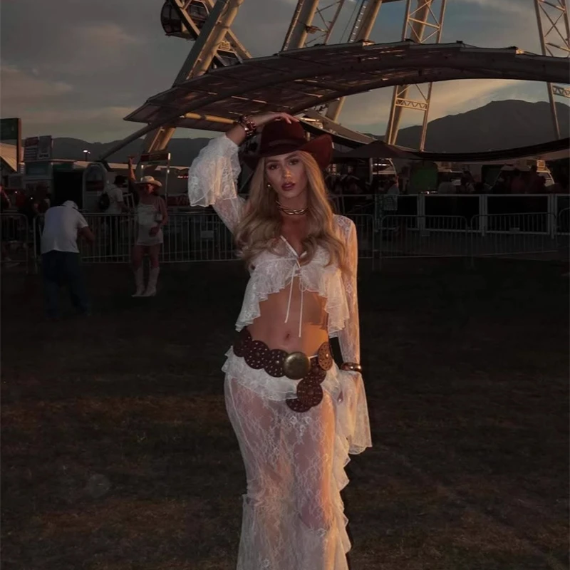 Lace Ruffle Bell Sleeve Sheer Crop Dress Set Party Wear Fashionable Sexy Women Outfit Tops Skirts Suits For Daily Street Style
Lace Ruffle Bell Sleeve Sheer Crop Dress Set Party Wear Fashionable Sexy Women Outfit Tops Skirts Suits For Daily Street Style