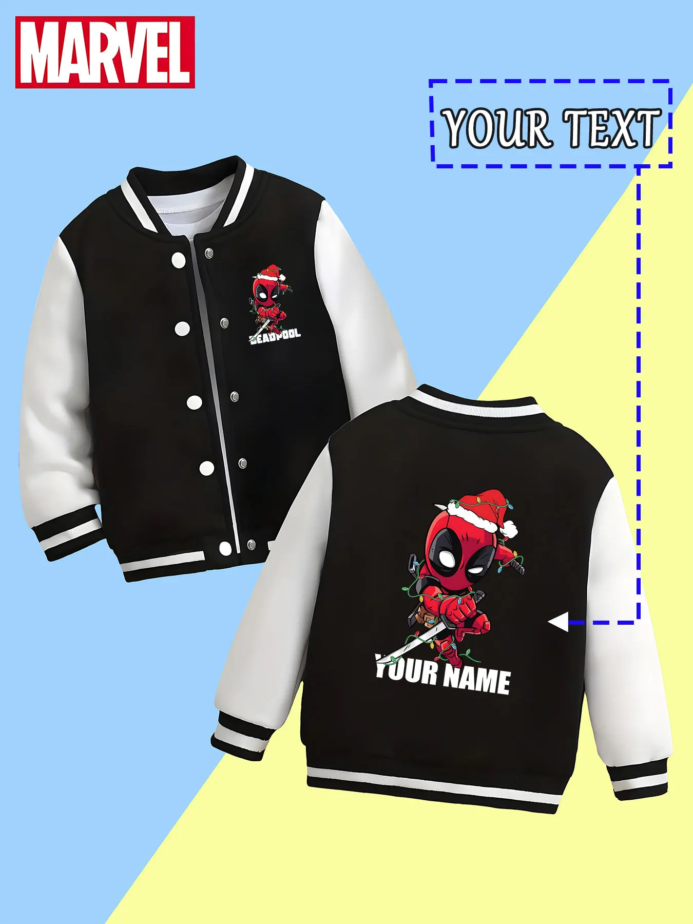MINISO Marvel Boys Baseball Jacket - Christmas Deadpool Chi version print, lively style, warm and cute in autumn and winter, sui
MINISO Marvel Boys Baseball Jacket - Christmas Deadpool Chi version print, lively style, warm and cute in autumn and winter, sui