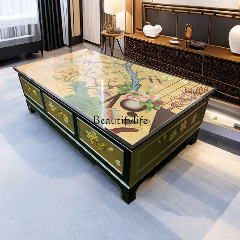 New Chinese gold foil hand-painted coffee table living room solid wood painted tea room large-capacity decorative cabinet
New Chinese gold foil hand-painted coffee table living room solid wood painted tea room large-capacity decorative cabinet