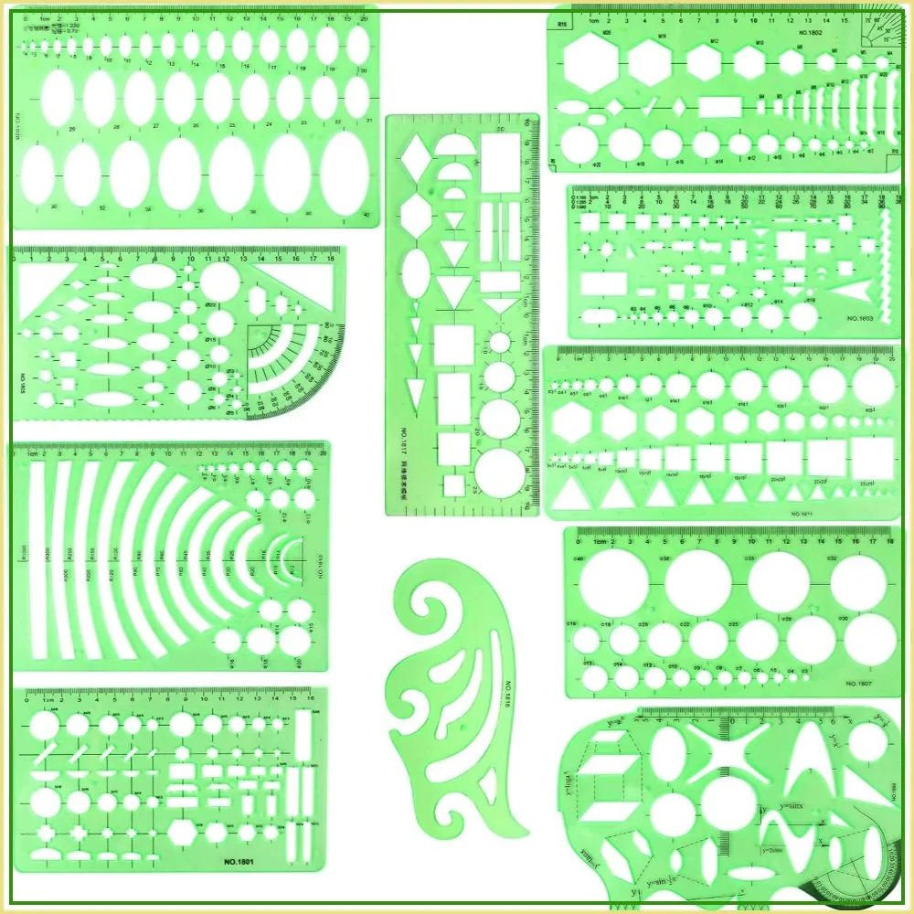 11PCS Geometric Drawings Templates, Drafting Stencils, Measuring Tools, Clear Green Ruler Shapes with Zipper Bag for Architecture, Office, Studying, Designing
11PCS Geometric Drawings Templates, Drafting Stencils, Measuring Tools, Clear Green Ruler Shapes with Zipper Bag for Architecture, Office, Studying, Designing